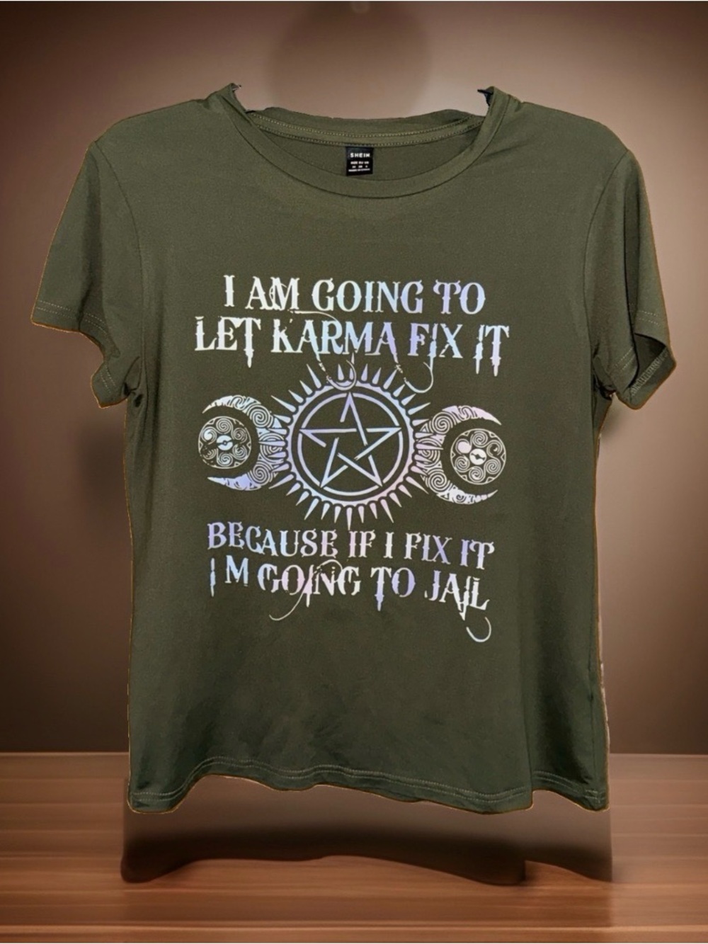 SHEIN Olive Green Short Sleeve Graphic Tee with White Mystical Print